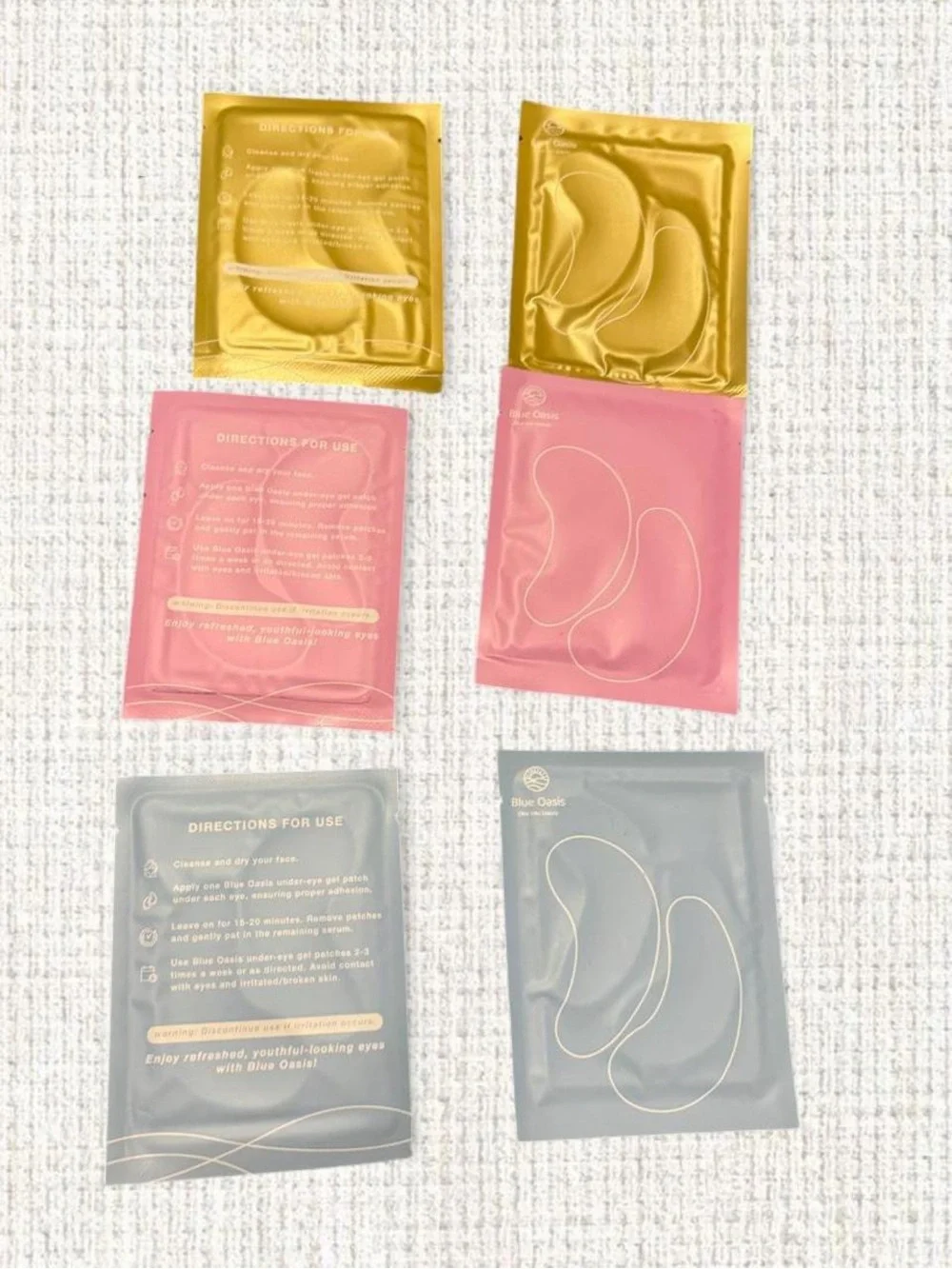 Blue Oasis Under Eye Gel Patches 6 Pair Variety Pack Gold Pink Blue